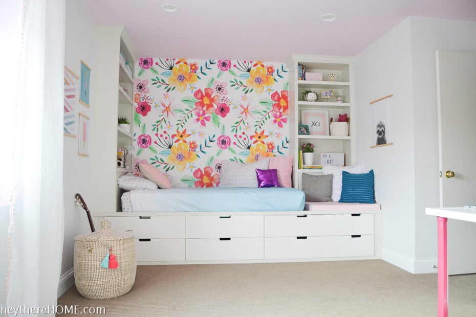 built in bed with removable wallpaper in girls room
