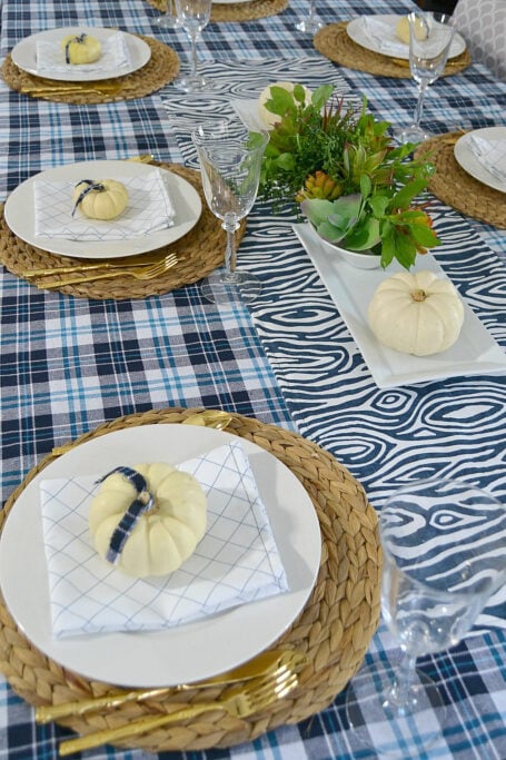 blue and white thanksgiving tablescape