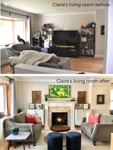 Claire's living room before and after